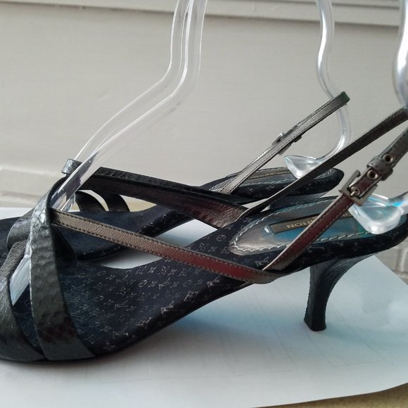 LOUIS VUITTON BLACK LEATHER ANKLE STRAP SANDALS HEELS 37-7 HEELS LV MONOGRAM - Picture 10 of 16